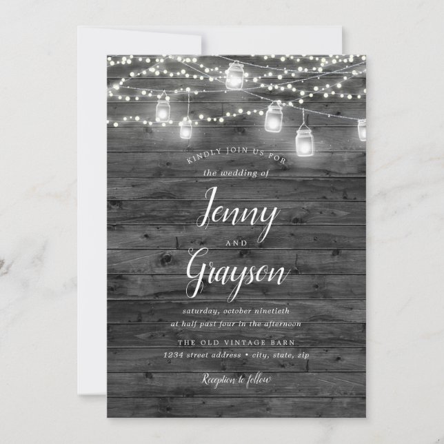 Rustic Mason Jar Lights Gray Wood Wedding Invitation (Front)