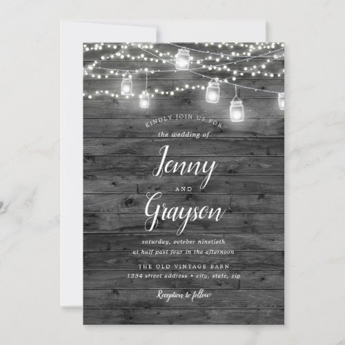 Rustic Mason Jar Lights Gray Wood Wedding Invitation