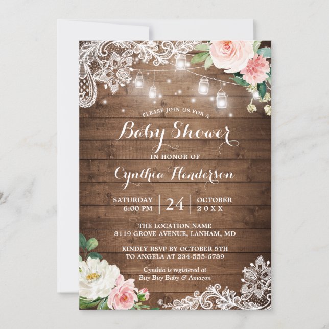 Rustic Mason Jar Lights Lace Floral Baby Shower Invitation (Front)