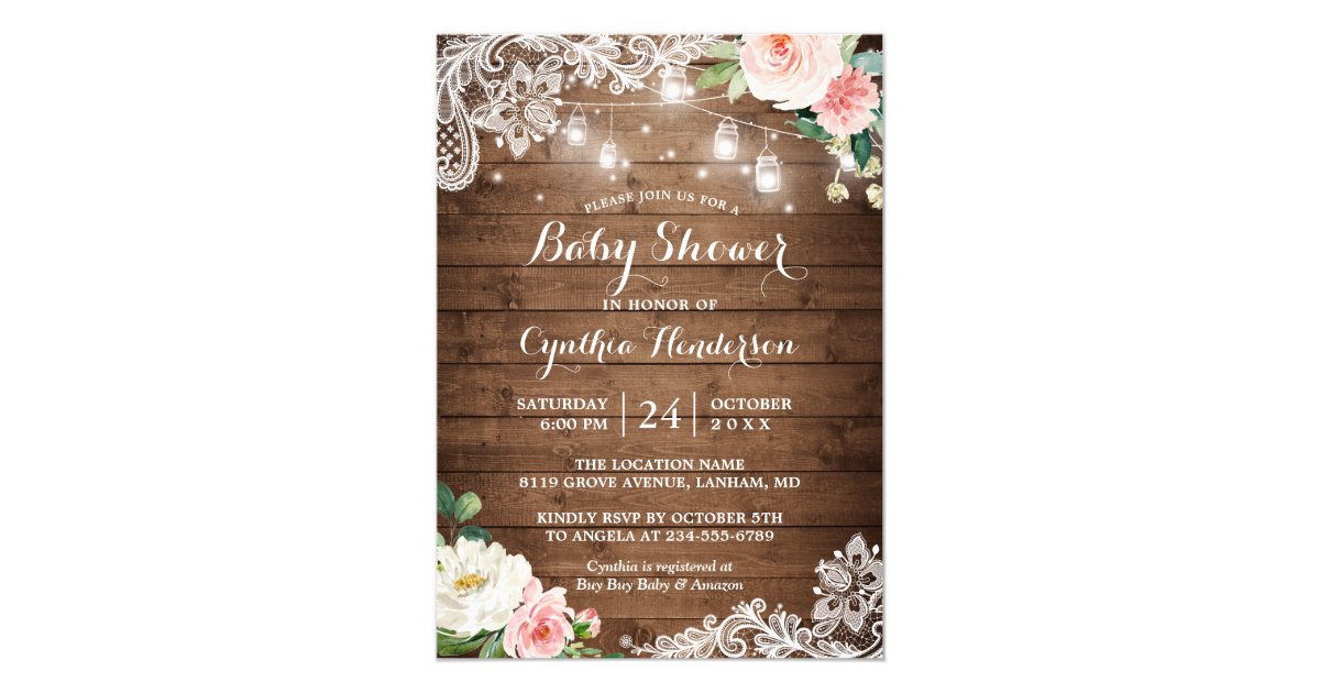 Rustic Mason Jar Lights Lace Floral Baby Shower Invitation | Zazzle.com