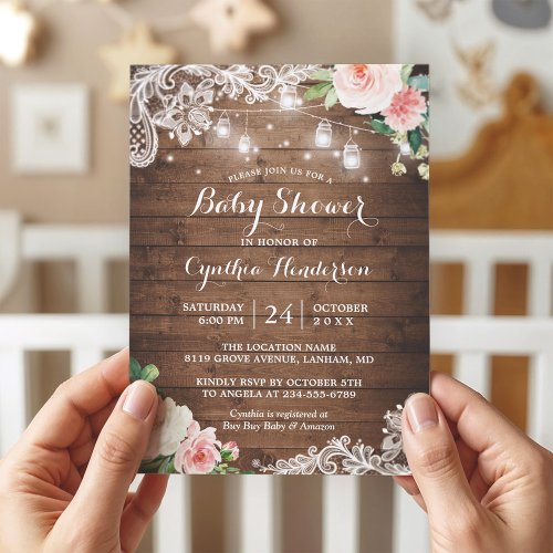 Rustic Mason Jar Lights Lace Floral Baby Shower Invitation