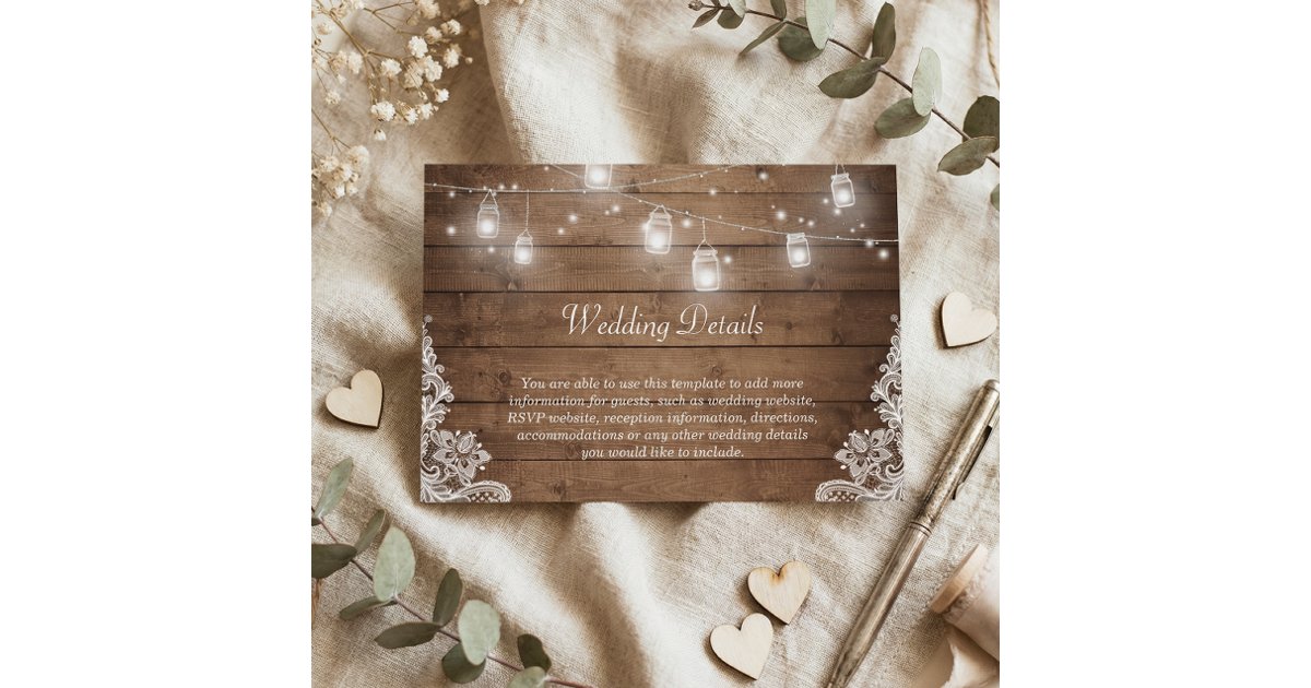 Rustic Mason Jar Lights Lace Wedding Details Info Enclosure Card | Zazzle