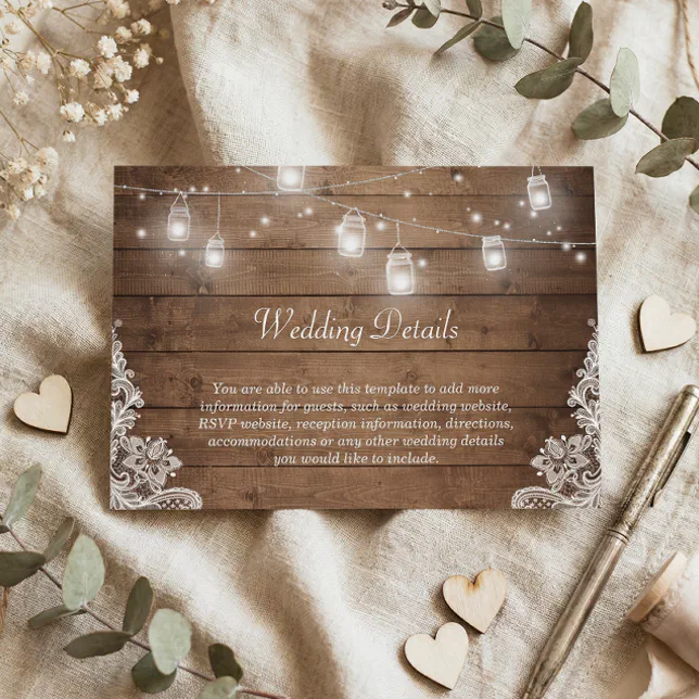 Rustic Mason Jar Lights Lace Wedding Details Info Enclosure Card | Zazzle