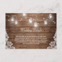 Rustic Mason Jar Lights Lace Wedding Details Info Enclosure Card