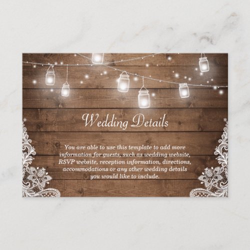 Rustic Mason Jar Lights Lace Wedding Details Info Enclosure Card