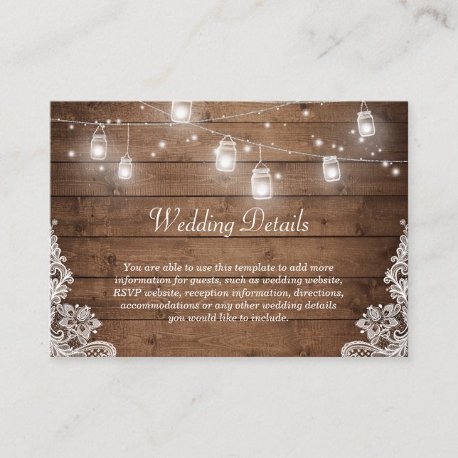 Rustic Mason Jar Lights Lace Wedding Info Details Enclosure Card (Front)