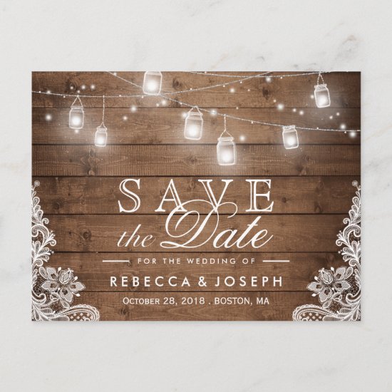 Rustic Mason Jar Lights Lace Wedding Save the Date Announcement Postcard