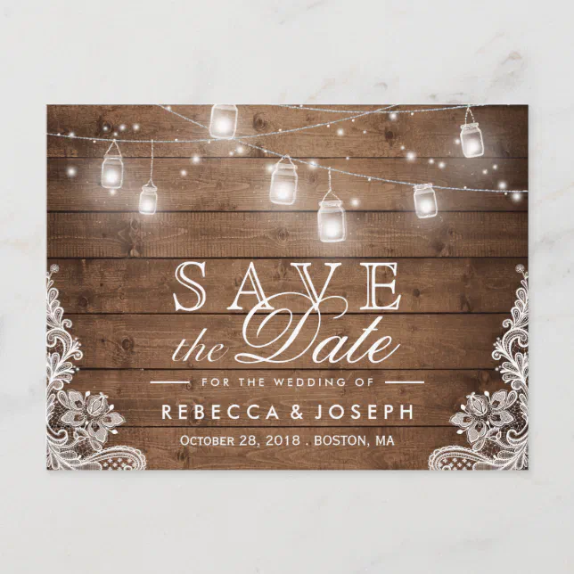 Rustic Mason Jar Lights Lace Wedding Save the Date Announcement ...