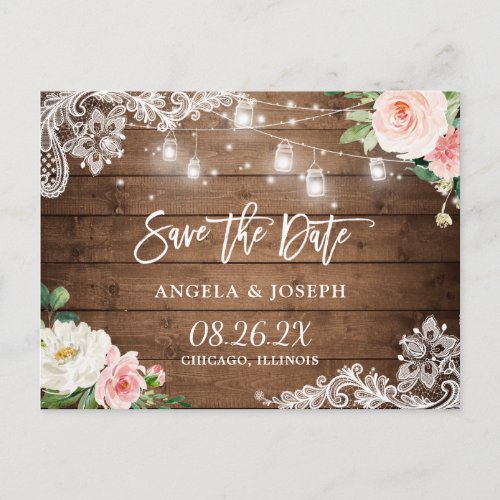 Rustic Mason Jar Lights Lace Wedding Save the Date Invitation Postcard