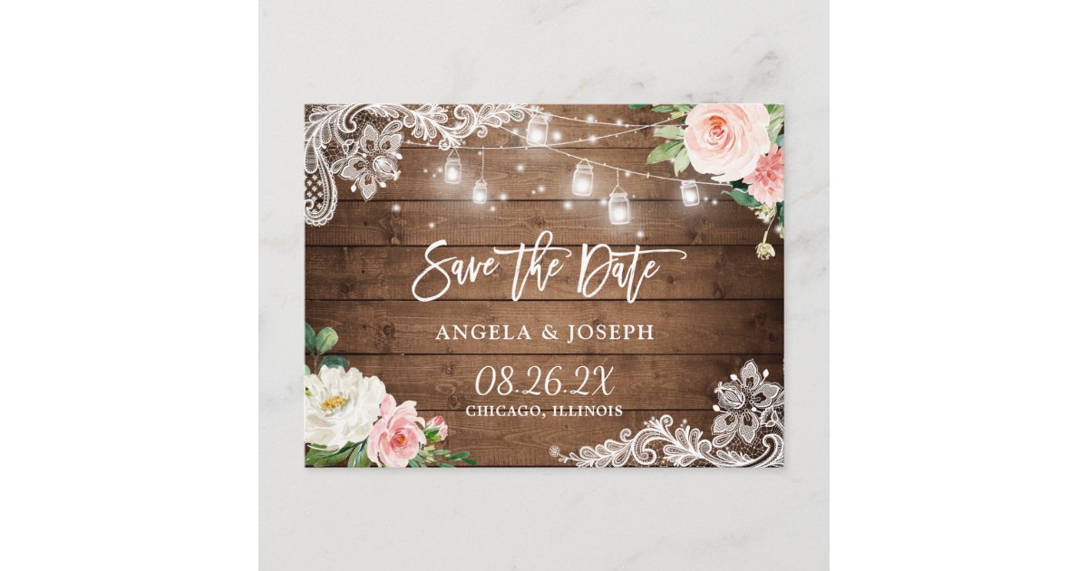 Rustic Mason Jar Lights Lace Wedding Save the Date Invitation Postcard ...