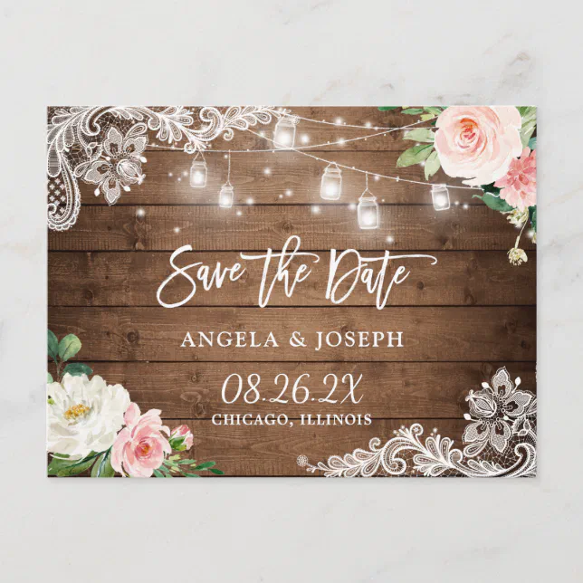 Rustic Mason Jar Lights Lace Wedding Save the Date Invitation Postcard ...
