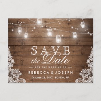 Rustic Mason Jar Lights Lace Wedding Save The Date Postcard by CardHunter at Zazzle