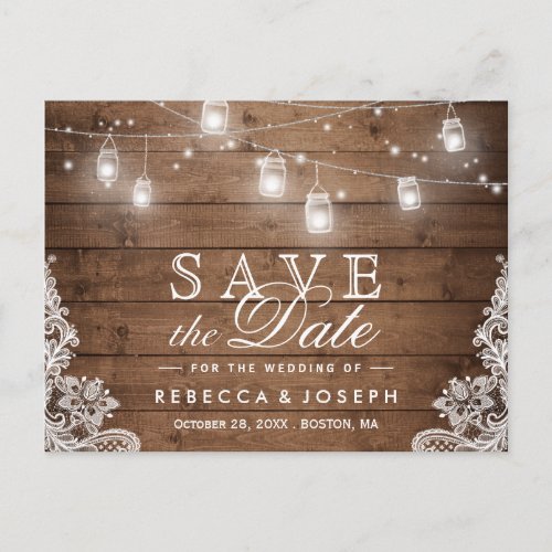 Rustic Mason Jar Lights Lace Wedding Save the Date Postcard