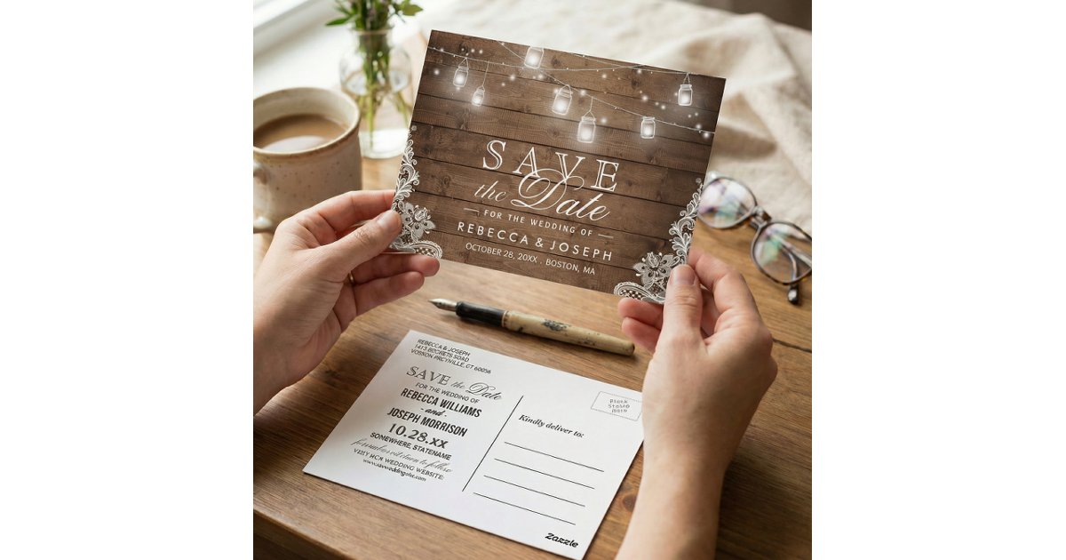 Rustic Mason Jar Lights Lace Wedding Save the Date Postcard | Zazzle