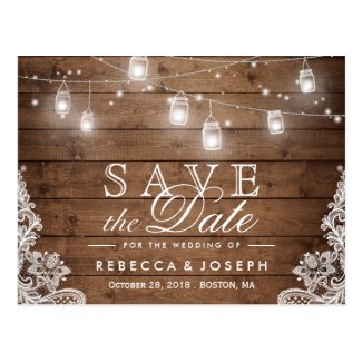 Rustic Mason Jar Lights Lace Wedding Save the Date Postcard