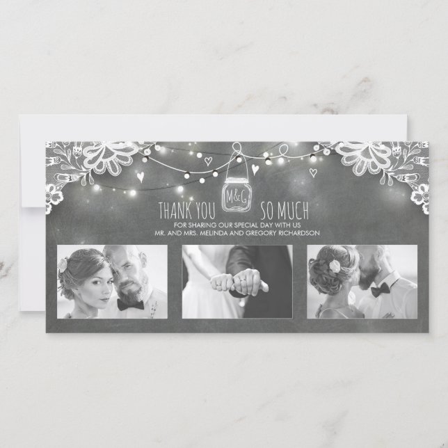 Rustic Mason Jar Lights Lace Wedding Thank You Card (Front)