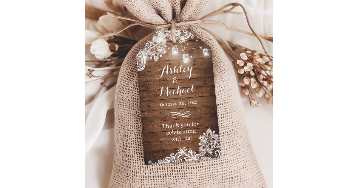 Rustic Mason Jar Lights Lace Wedding Thank You Gift Tags | Zazzle