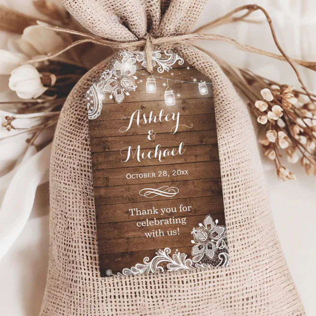 Rustic Mason Jar Lights Lace Wedding Thank You Gift Tags | Zazzle