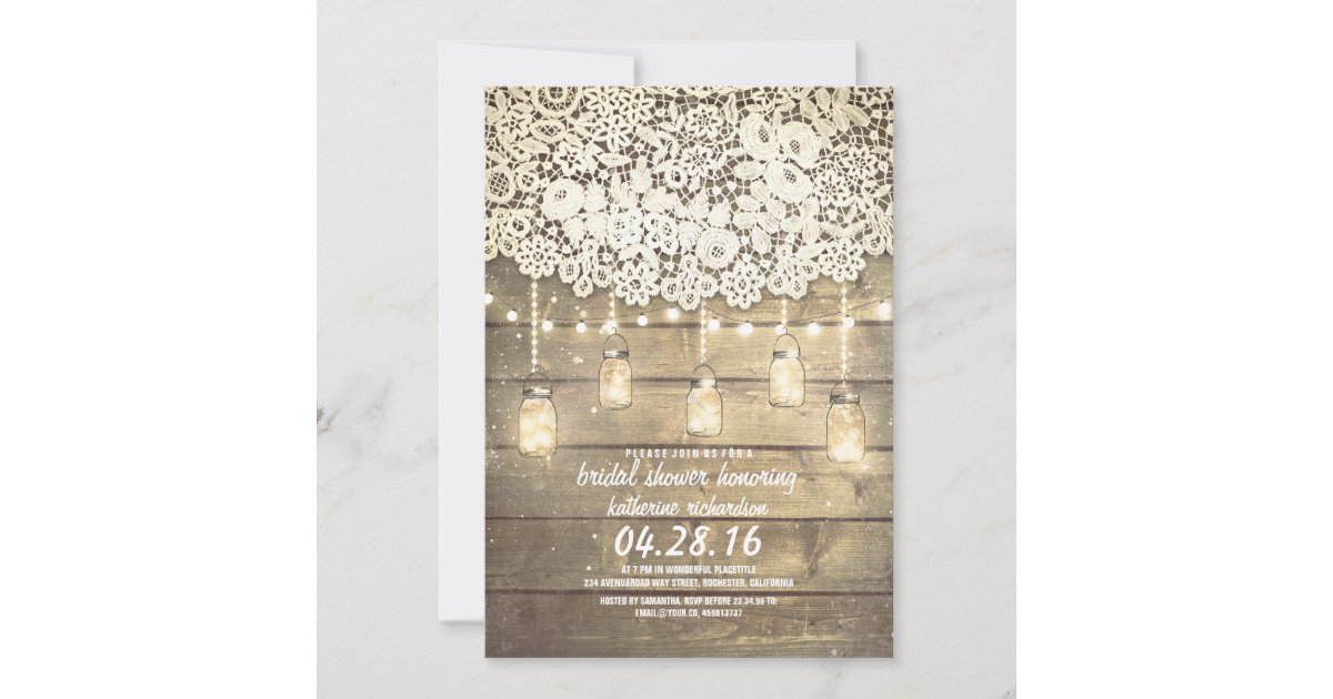 Rustic Mason Jar Lights Lace Wood Bridal Shower Invitation | Zazzle