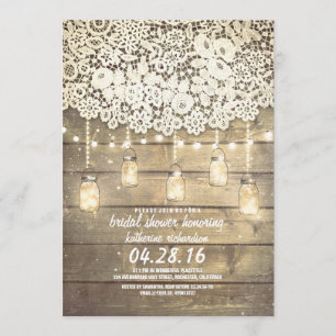 Rustic Mason Jar Lights Lace Wood Bridal Shower Invitation