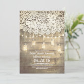 Rustic Mason Jar Lights Lace Wood Bridal Shower Invitation (Standing Front)