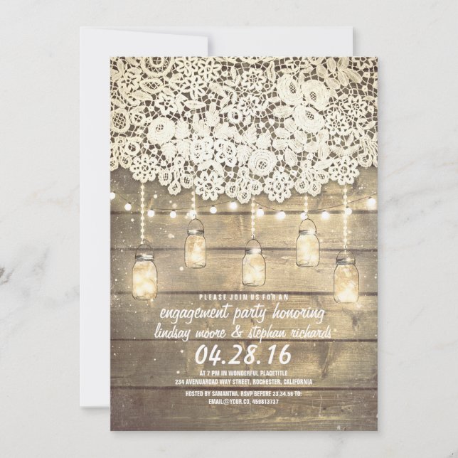 Rustic Mason Jar Lights Lace Wood Engagement Party Invitation (Front)