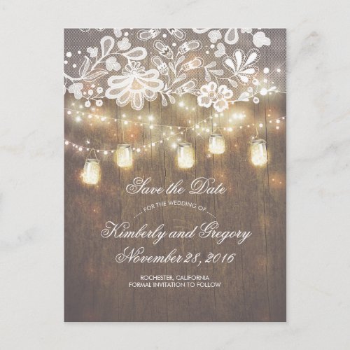 Rustic Mason Jar Lights Lace Wood Save the Date Announcement Postcard