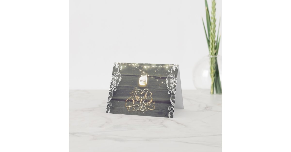 Rustic Mason Jar Lights Lace Wood Thank You Card | Zazzle