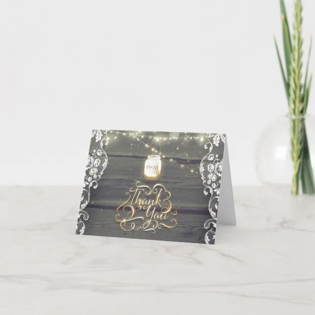 Rustic Mason Jar Lights Lace Wood Thank You Card | Zazzle