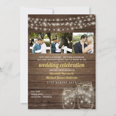 Rustic Mason Jar Lights Photo Collage Wedding Invitation