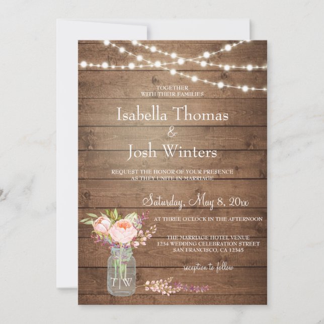 Rustic Mason Jar Lights Pink Peony Bouquet Wedding Invitation (Front)