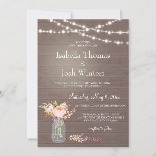 Rustic Mason Jar Lights Pink Peony Bouquet Wedding Invitation