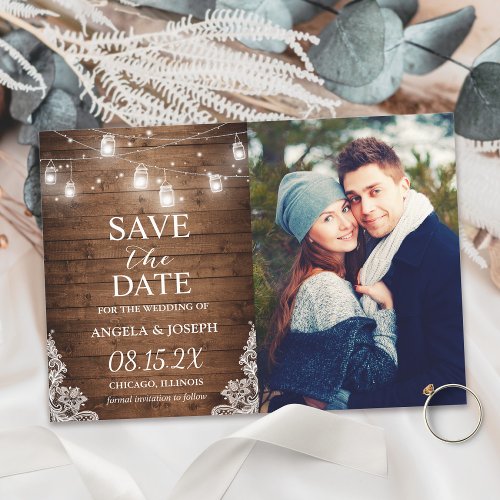 Rustic Mason Jar Lights Save the Date Photo