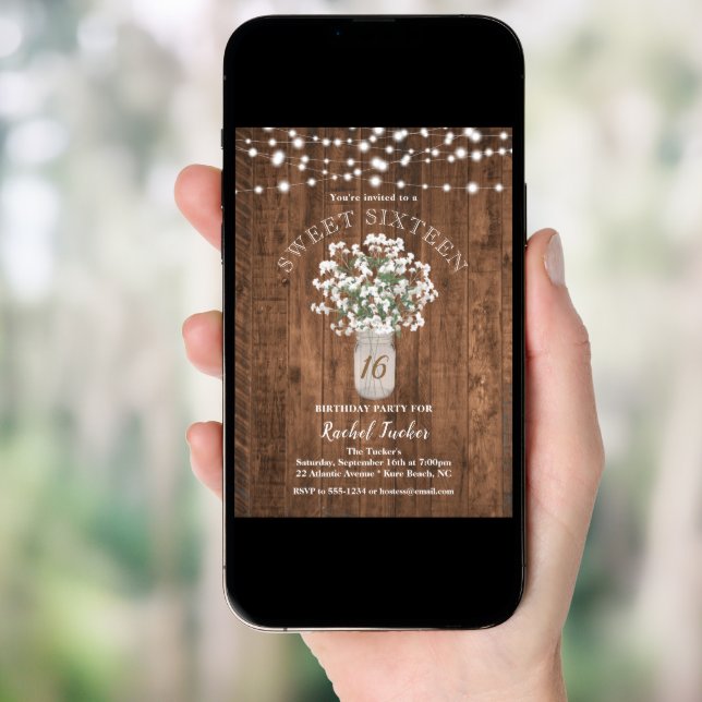 Rustic Mason Jar Lights Sweet 16 Birthday Party Invitation (Front Digital)