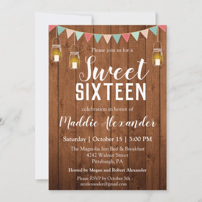 Rustic Mason Jar Lights Sweet 16 Birthday Party Invitation (Front)