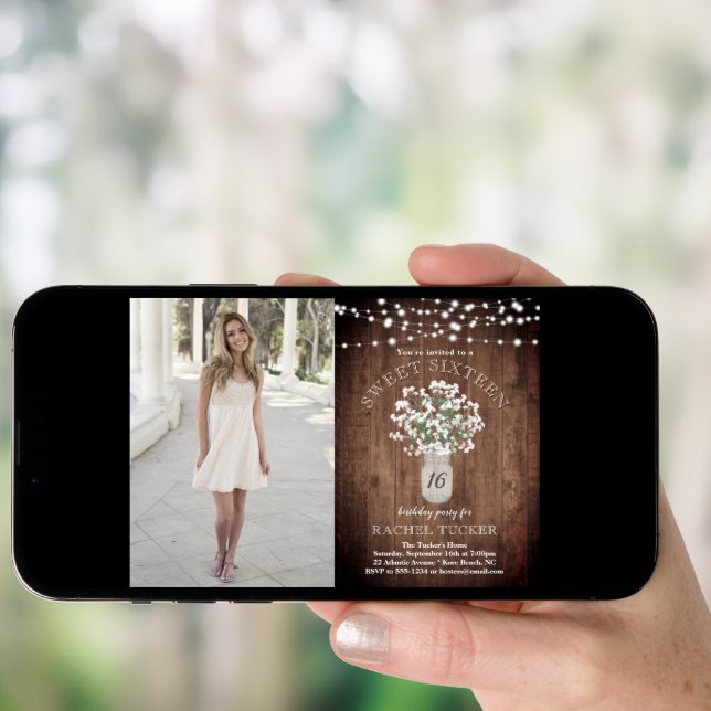 Rustic Mason Jar Lights Sweet 16 Birthday Photo In Invitation (Front Digital)
