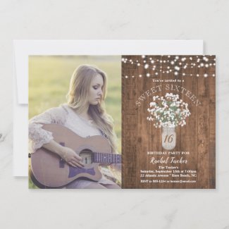 Rustic Mason Jar Lights Sweet 16 Birthday Photo Invitation