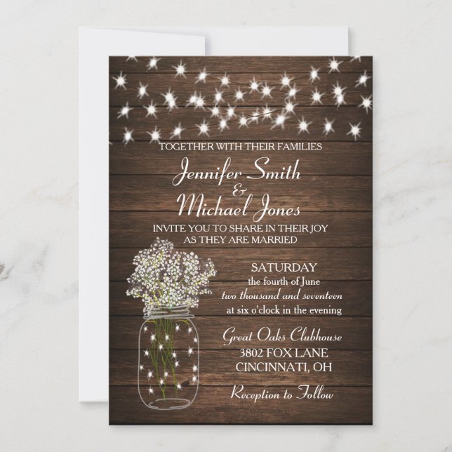 Rustic Mason Jar & Lights Wedding Invitation (Front)