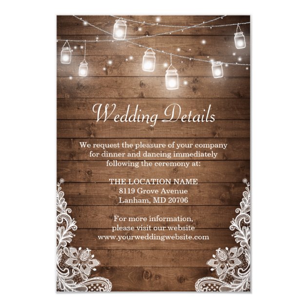 Rustic Mason Jar Lights Wedding Reception Details Card