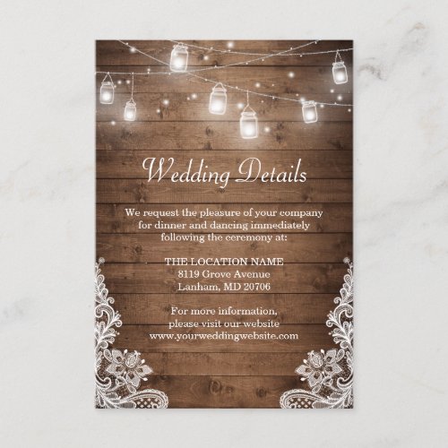 Rustic Mason Jar Lights Wedding Reception Details Enclosure Card