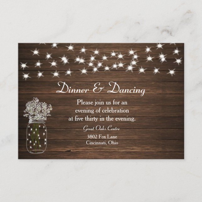 Rustic Mason Jar & Lights Wedding Reception Enclosure Card (Front)