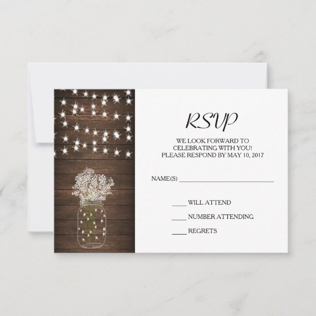 Rustic Mason Jar & Lights Wedding RSVP Card (Front)
