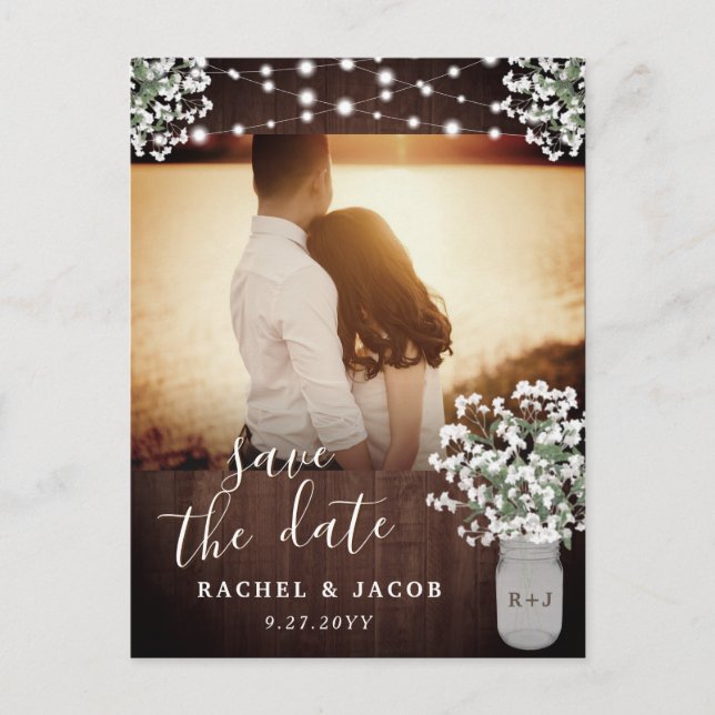 Rustic Mason Jar Lights Wedding Save the Date Postcard (Front)