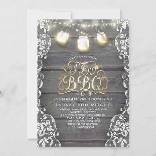 Rustic Mason Jar Lights Wood and Lace I Do BBQ Invitation - Rustic barn wood and white floral lace engagement or couples shower invitation with enchanted string lights and mason jars full of starry golden fireflies.