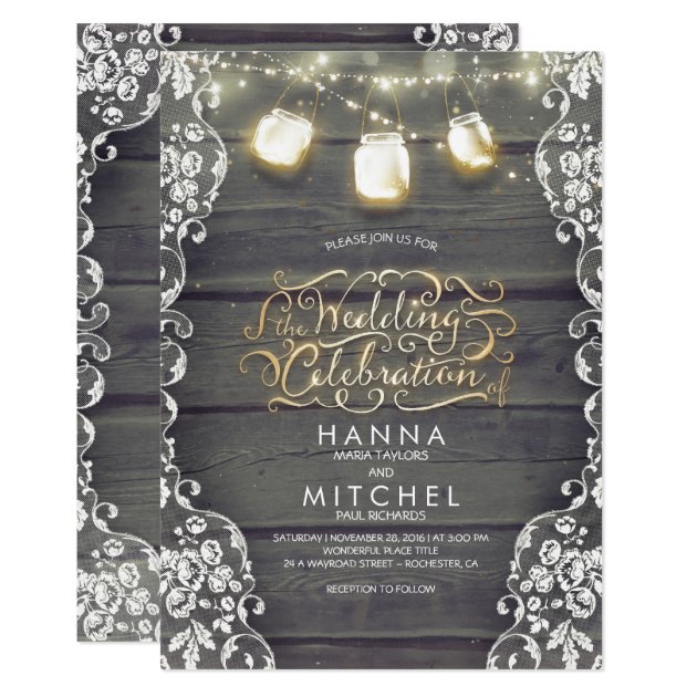 Rustic Mason Jar Lights Wood And Lace Wedding Invitation