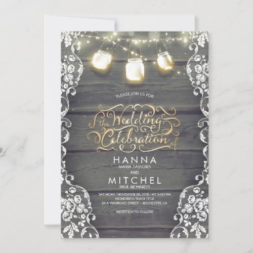 Rustic Mason Jar Lights Wood and Lace Wedding Invitation - Rustic barn wood and white floral lace wedding invitation with enchanted string lights and mason jars full of starry gold fireflies. --- All design elements created by Jinaiji