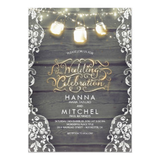 Rustic Mason Jar Lights Wood and Lace Wedding Invitation
