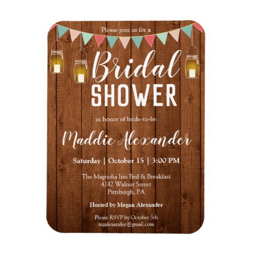 Rustic Mason Jar Lights Wood Bridal Shower Invite Magnet