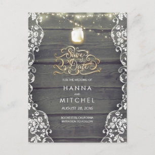 Rustic Mason Jar Lights Wood Lace Save the Date Announcement Postcard