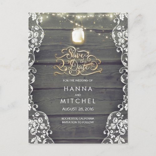 Rustic Mason Jar Lights Wood  Lace Save the Date Announcement Postcard - Gold typography, rustic barn wood, vintage lace and enchanted mason jar string lights save the date postcards